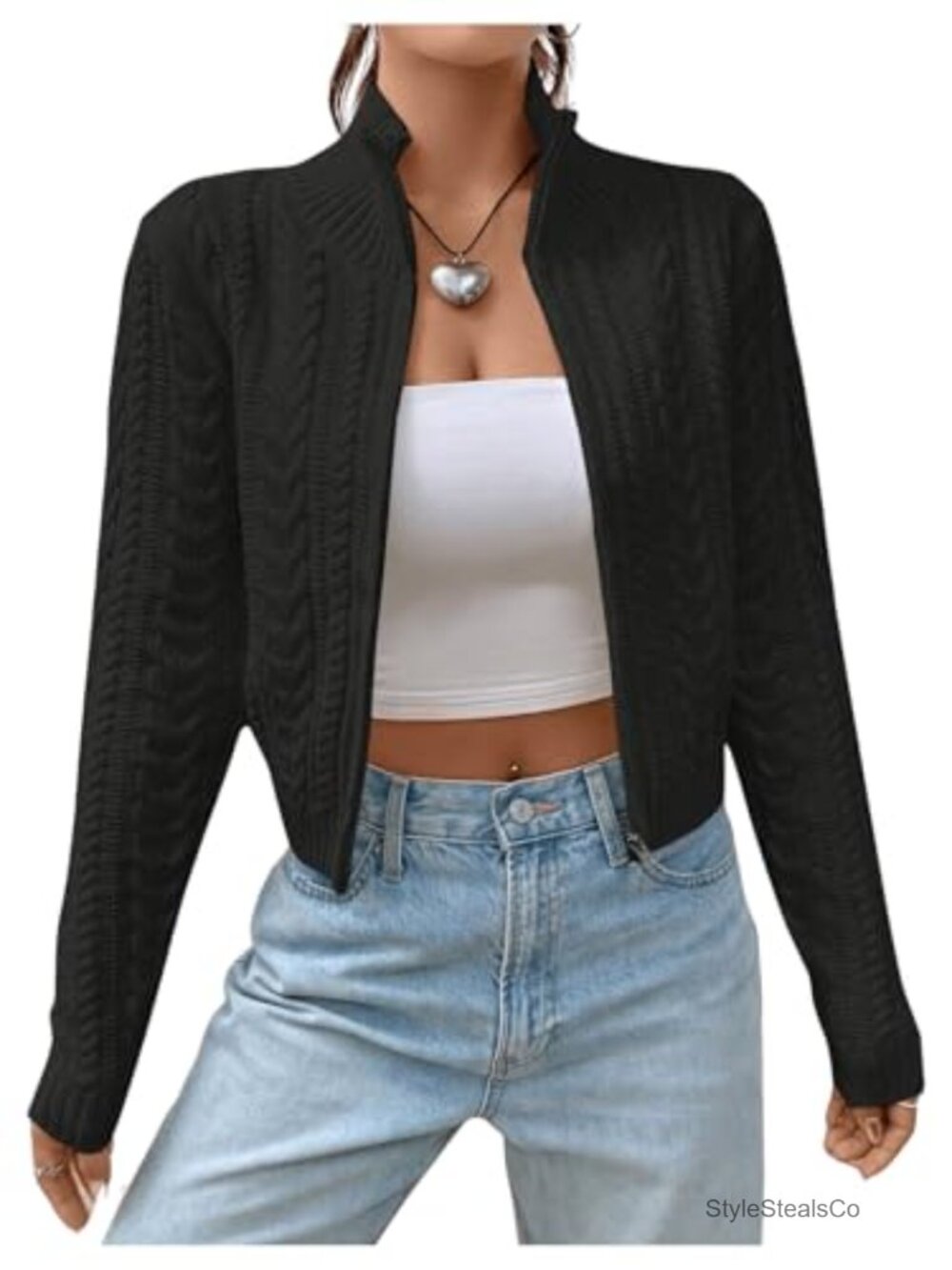 Cropped Cable Knit Zip Cardigan Sweater Long Sleeve Fall